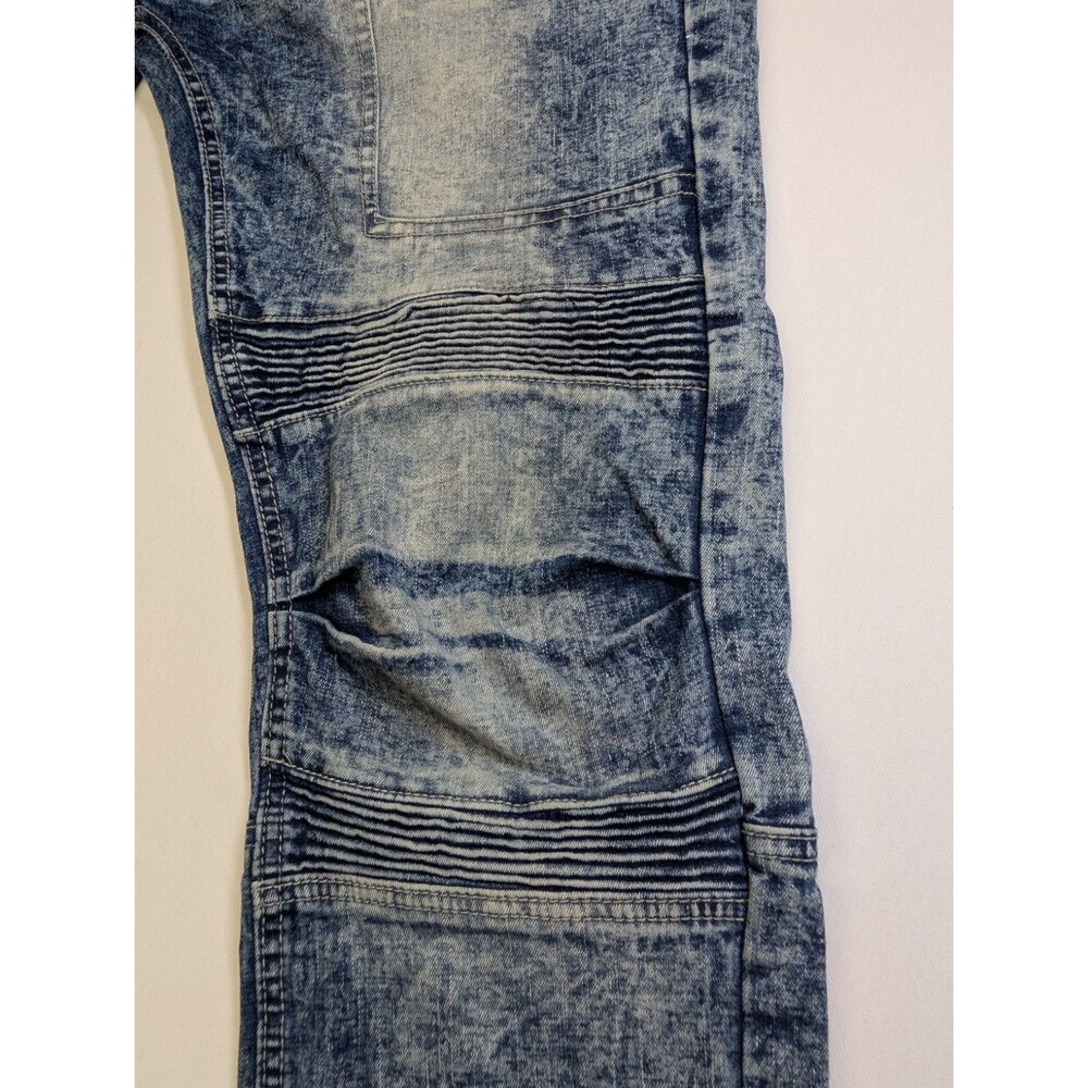Encrypted NYC Mens Moto Biker Jeans 38x32 Blue Acid Wash Distressed Stretch - Picture 2 of 11